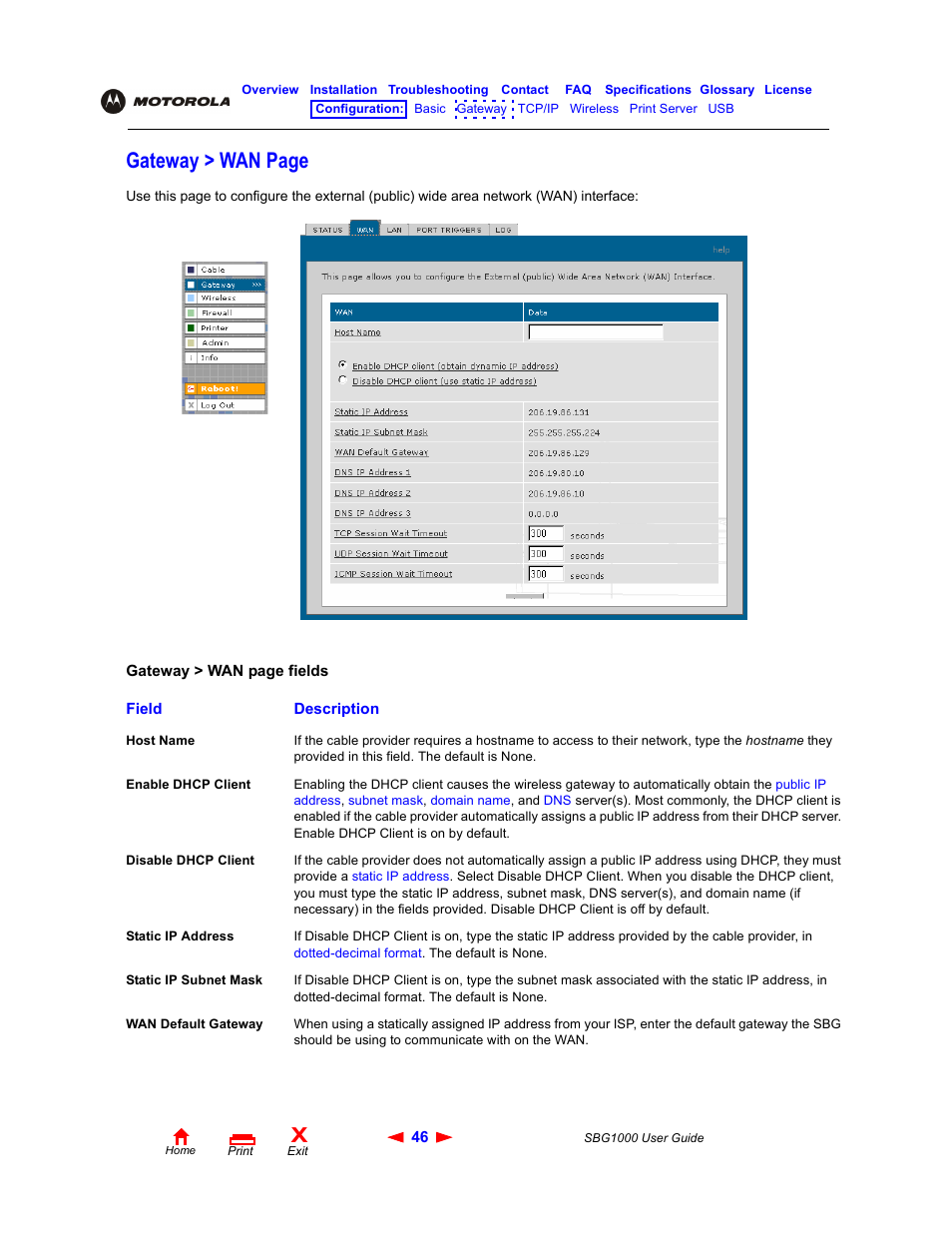 Gateway > wan page | ADS Technologies Wireless Cable Modem Gateway SBG1000 User Manual | Page 52 / 161