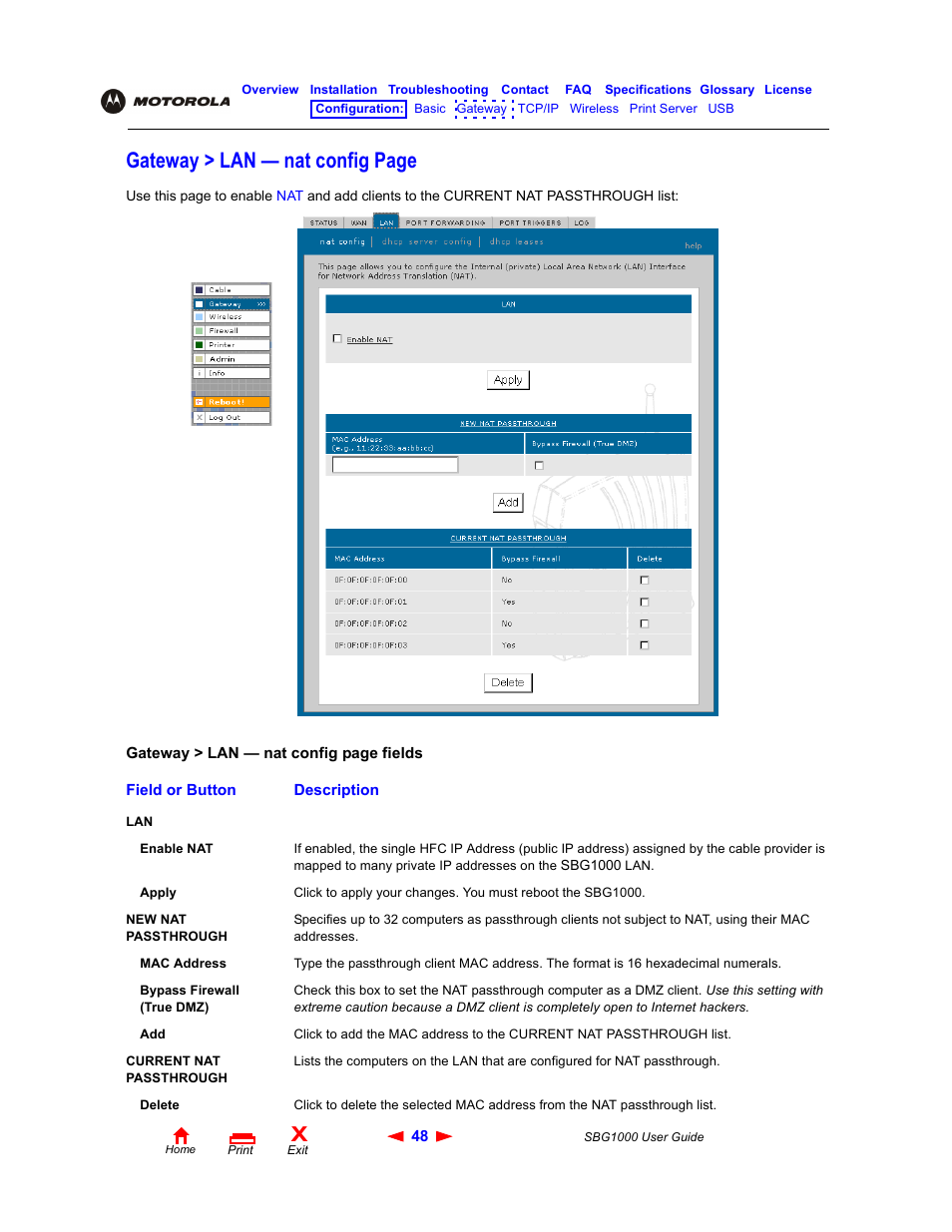 Gateway > lan — nat config page | ADS Technologies Wireless Cable Modem Gateway SBG1000 User Manual | Page 54 / 161