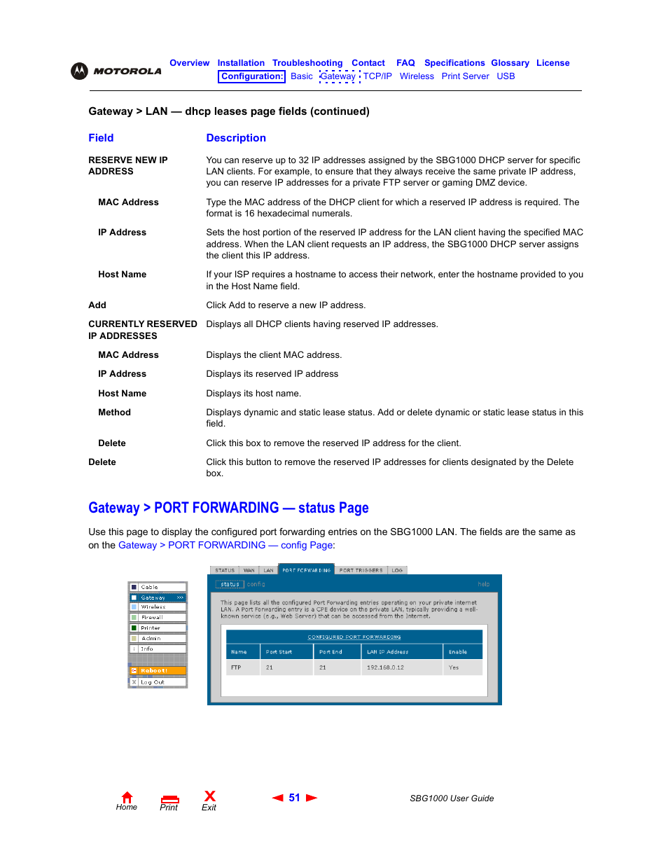 Gateway > port forwarding — status page | ADS Technologies Wireless Cable Modem Gateway SBG1000 User Manual | Page 57 / 161