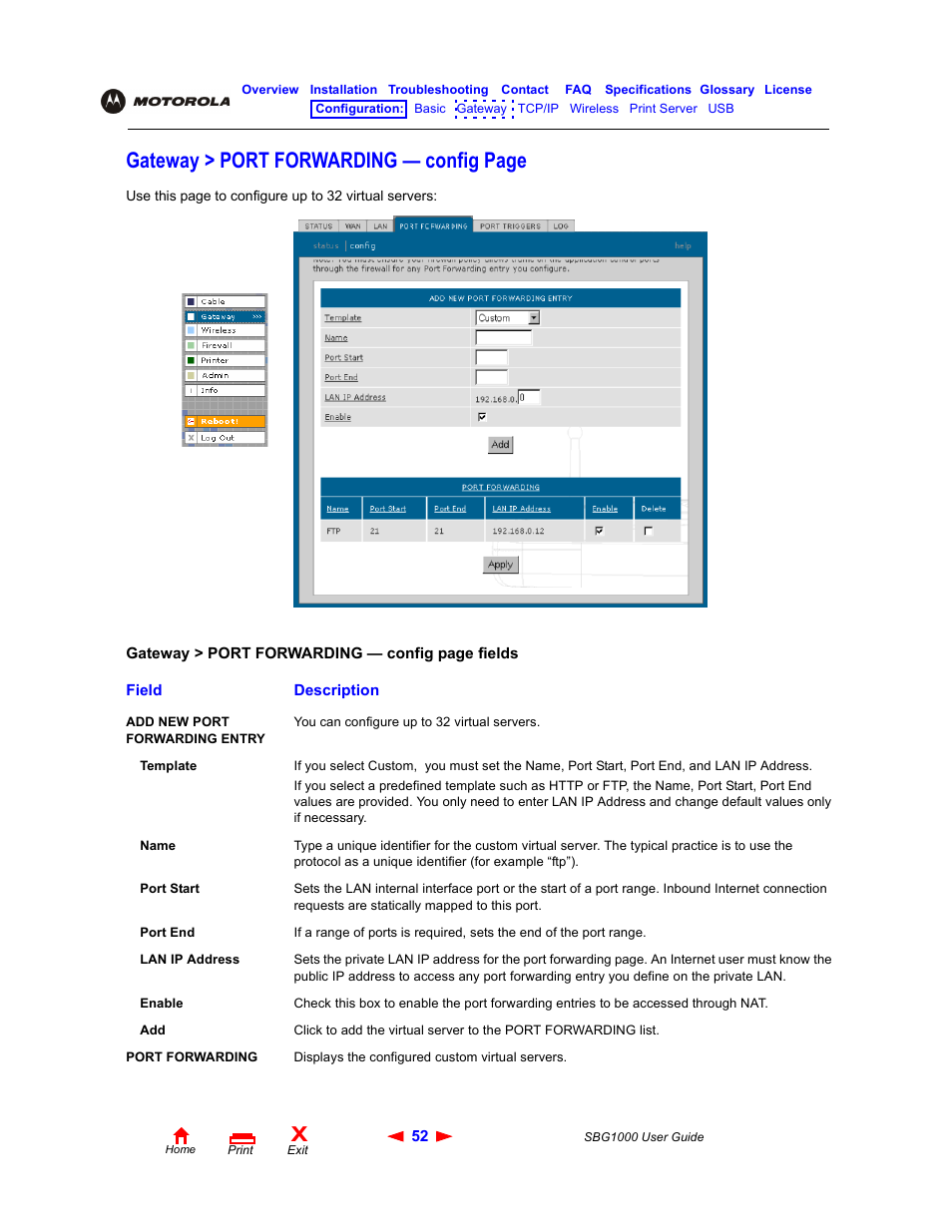 Gateway > port forwarding, Gateway > port forwarding — config page | ADS Technologies Wireless Cable Modem Gateway SBG1000 User Manual | Page 58 / 161
