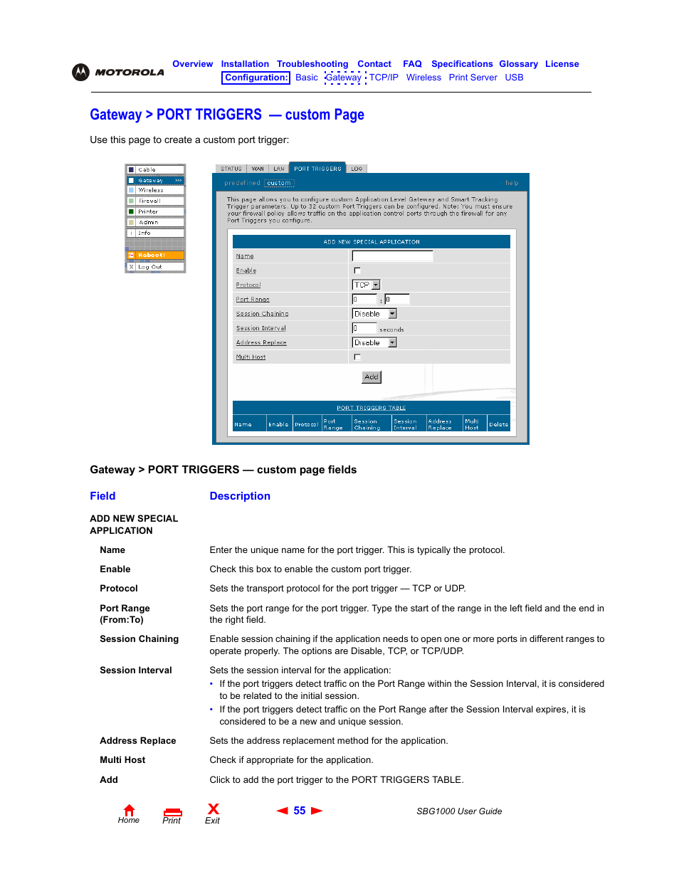 Gateway > port triggers — custom page | ADS Technologies Wireless Cable Modem Gateway SBG1000 User Manual | Page 61 / 161