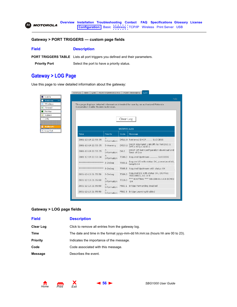 Gateway > log page | ADS Technologies Wireless Cable Modem Gateway SBG1000 User Manual | Page 62 / 161