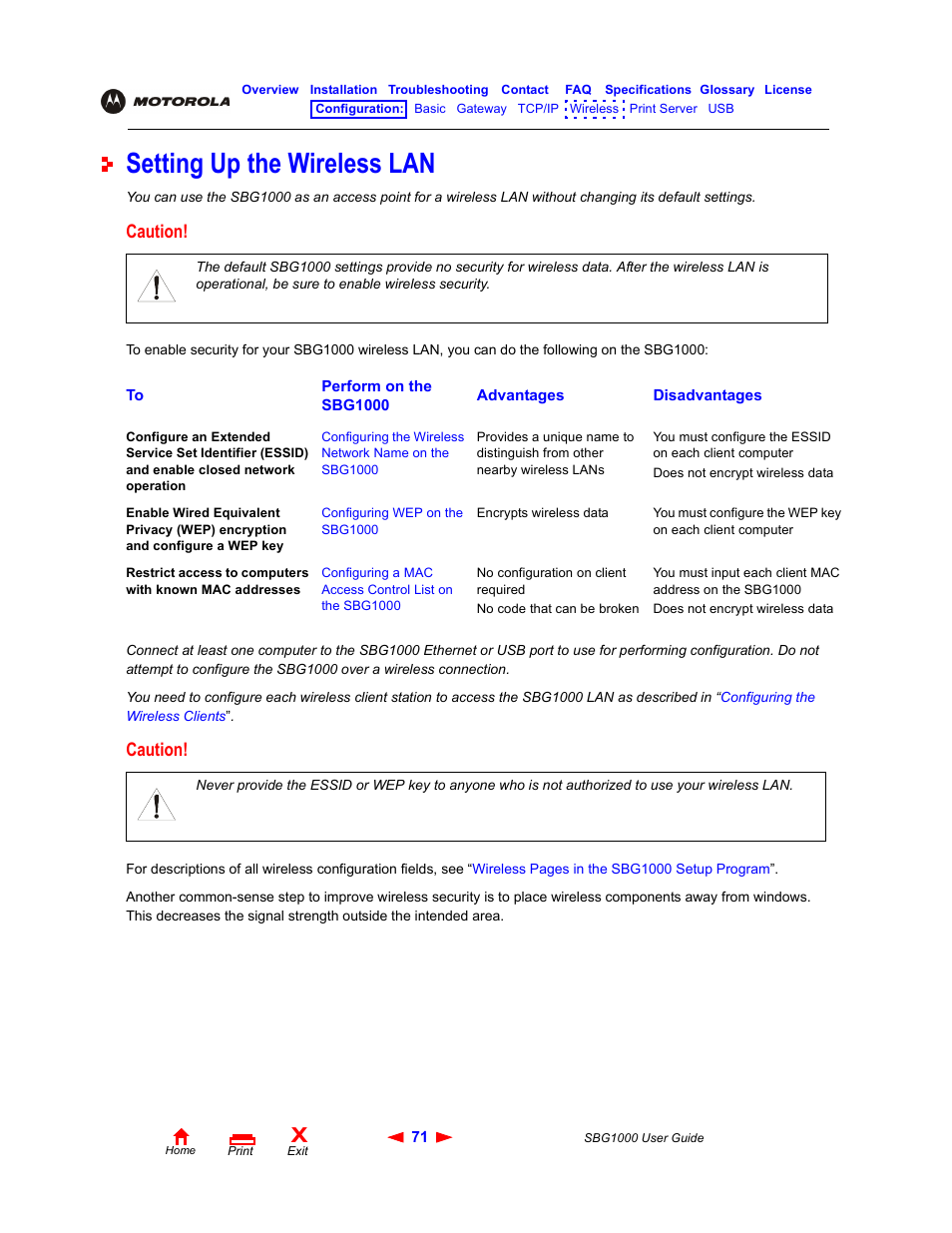 Setting up the wireless lan, Wireless p, Caution | ADS Technologies Wireless Cable Modem Gateway SBG1000 User Manual | Page 77 / 161