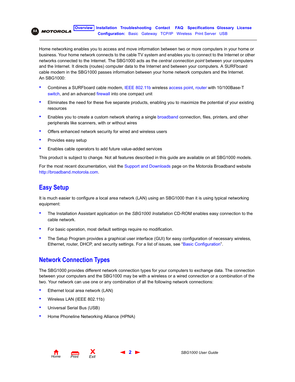 Easy setup, Network connection types, Easy setup network connection types | ADS Technologies Wireless Cable Modem Gateway SBG1000 User Manual | Page 8 / 161