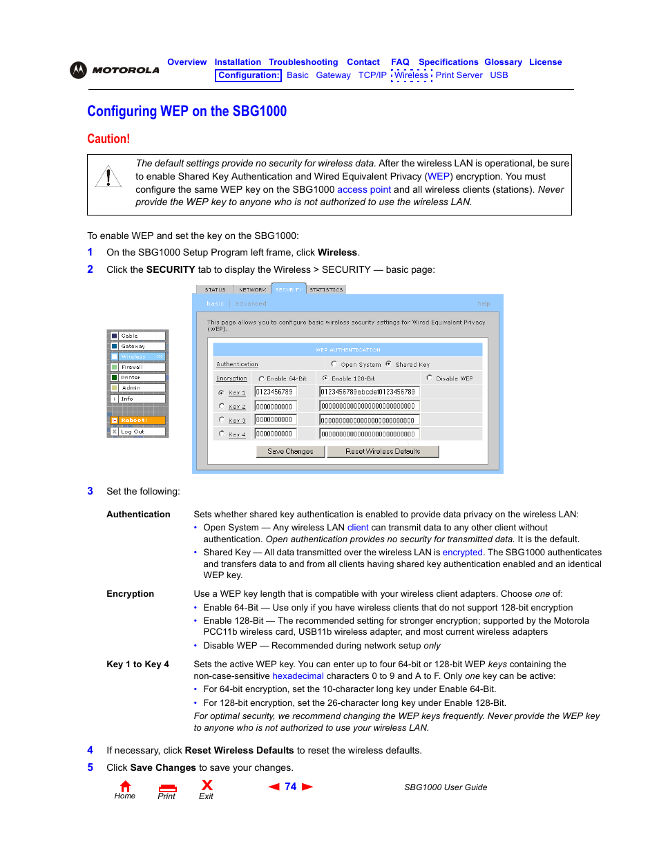 Configuring wep on the sbg1000, Caution | ADS Technologies Wireless Cable Modem Gateway SBG1000 User Manual | Page 80 / 161