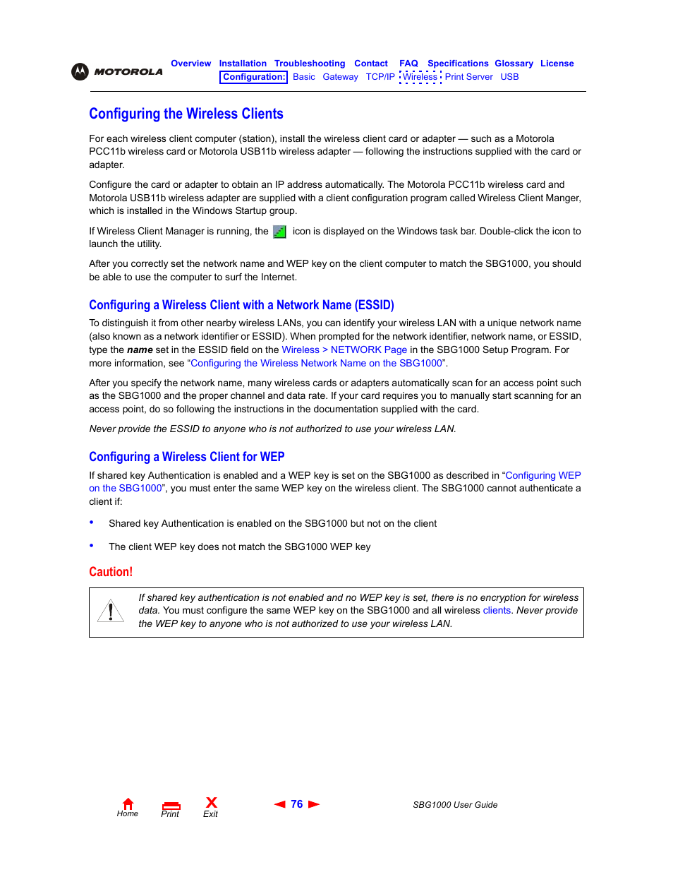 Configuring the wireless clients, Configuring a wireless client for wep, Configuring the | Wireless clients, Caution | ADS Technologies Wireless Cable Modem Gateway SBG1000 User Manual | Page 82 / 161