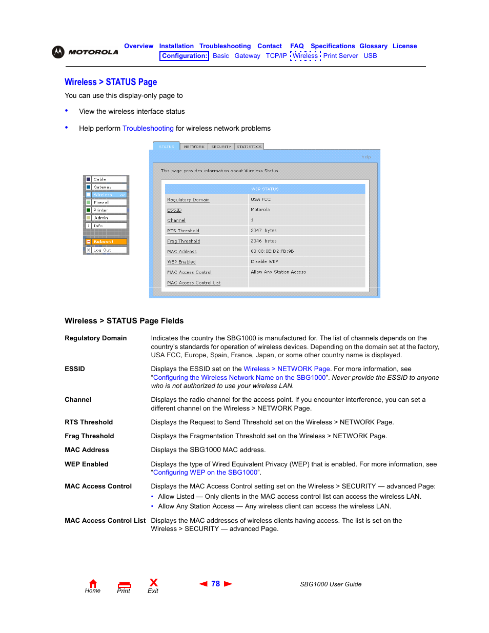Wireless > status page | ADS Technologies Wireless Cable Modem Gateway SBG1000 User Manual | Page 84 / 161
