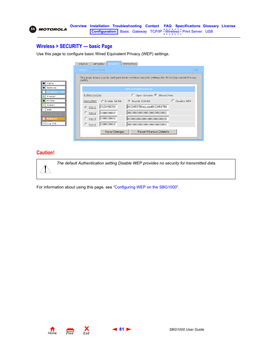 Wireless > security — basic page, Caution | ADS Technologies Wireless Cable Modem Gateway SBG1000 User Manual | Page 87 / 161