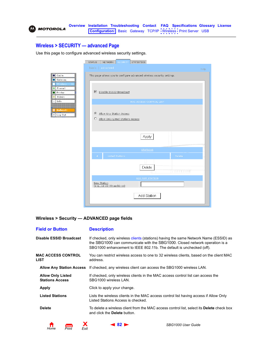 Wireless > security — advanced page | ADS Technologies Wireless Cable Modem Gateway SBG1000 User Manual | Page 88 / 161