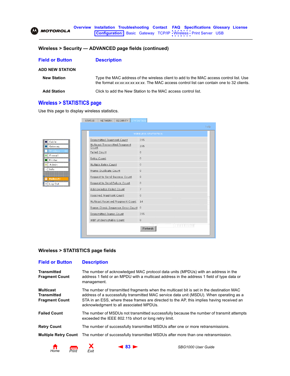 Wireless > statistics page | ADS Technologies Wireless Cable Modem Gateway SBG1000 User Manual | Page 89 / 161