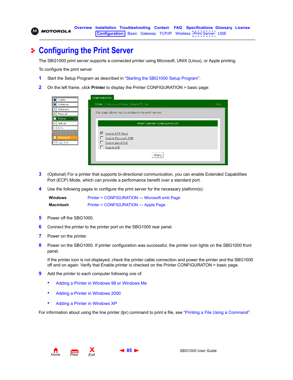Configuring the print server, Rint server us | ADS Technologies Wireless Cable Modem Gateway SBG1000 User Manual | Page 91 / 161