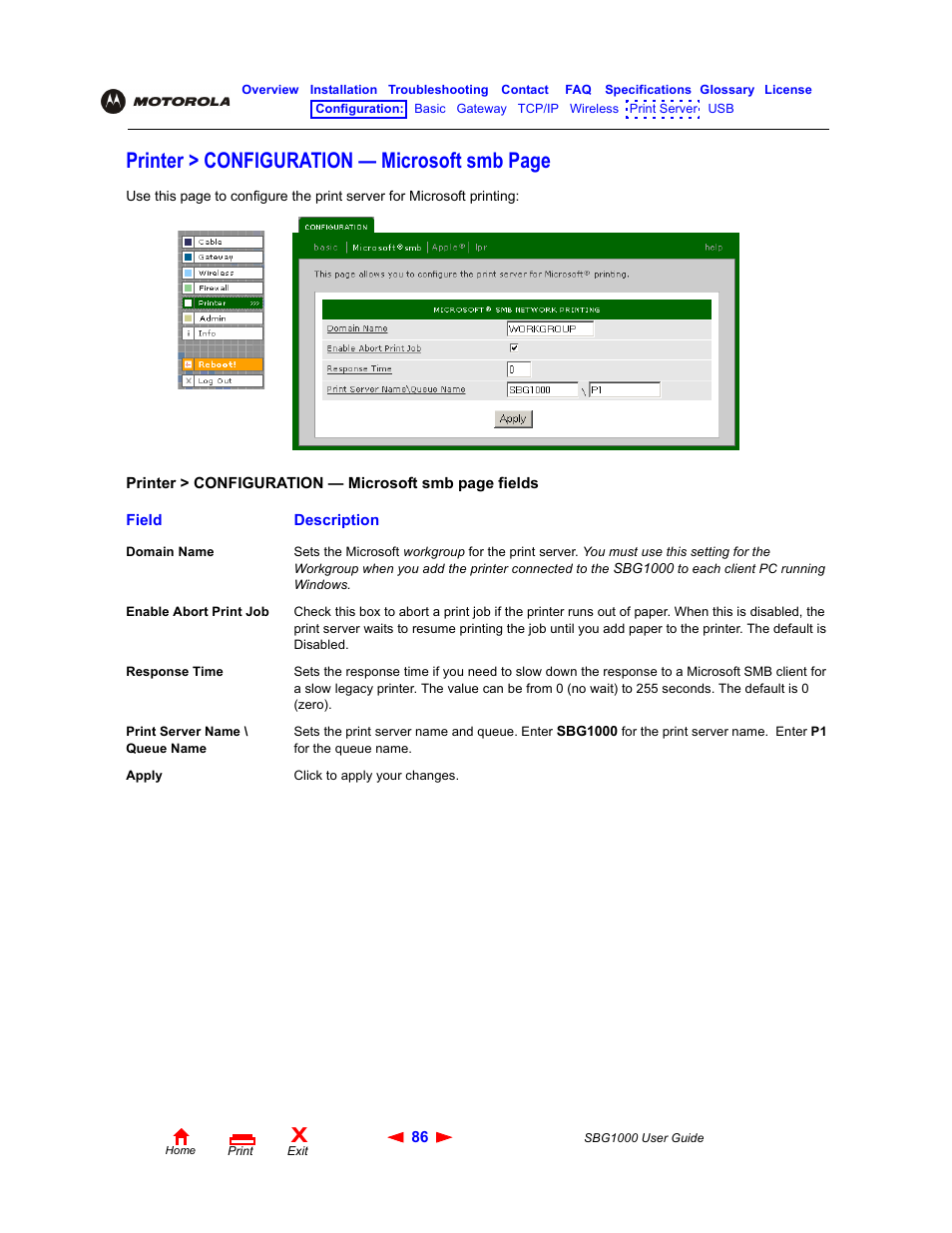 Printer > configuration — microsoft smb page | ADS Technologies Wireless Cable Modem Gateway SBG1000 User Manual | Page 92 / 161