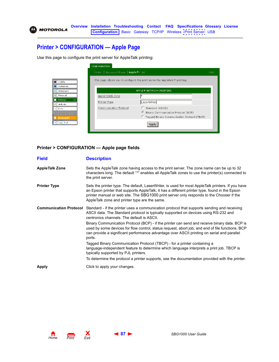 Printer > configuration — apple page | ADS Technologies Wireless Cable Modem Gateway SBG1000 User Manual | Page 93 / 161
