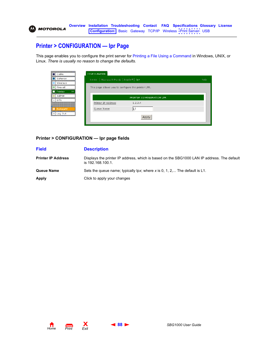 Printer > configuration — lpr page | ADS Technologies Wireless Cable Modem Gateway SBG1000 User Manual | Page 94 / 161
