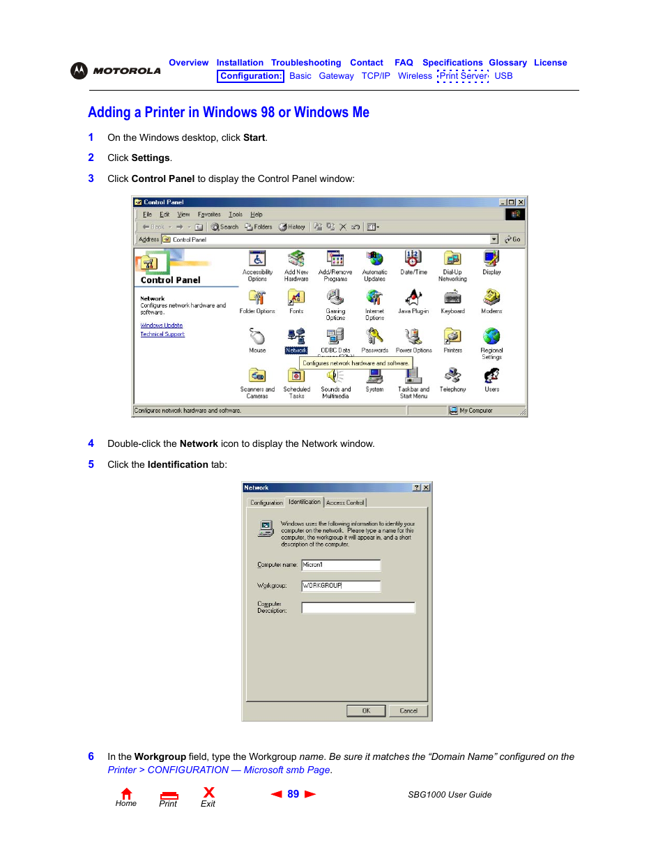 Adding a printer in windows98 or windows me, Adding a printer in windows 98 or windows me | ADS Technologies Wireless Cable Modem Gateway SBG1000 User Manual | Page 95 / 161