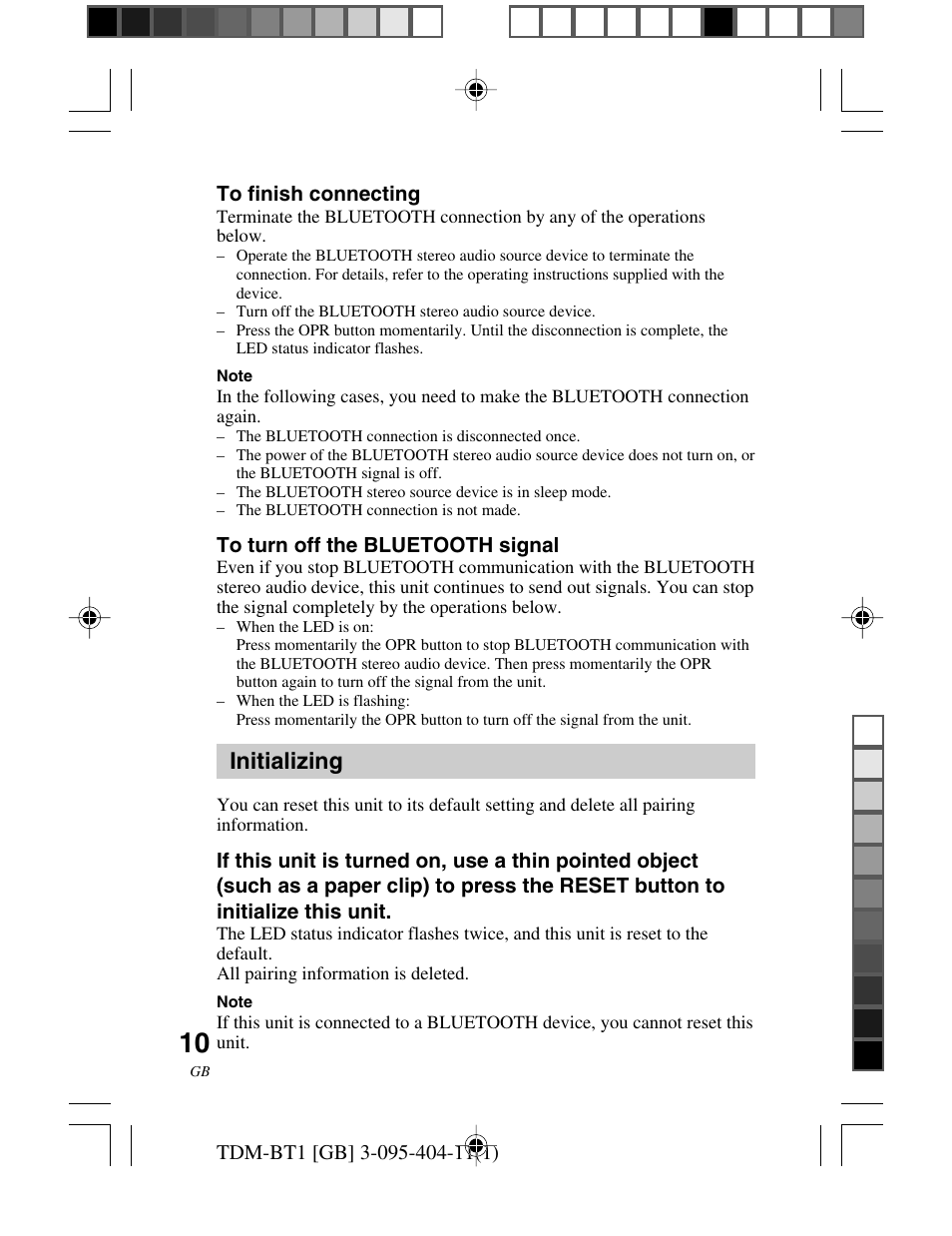 Initializing | Sony TDM-BT1 User Manual | Page 10 / 116