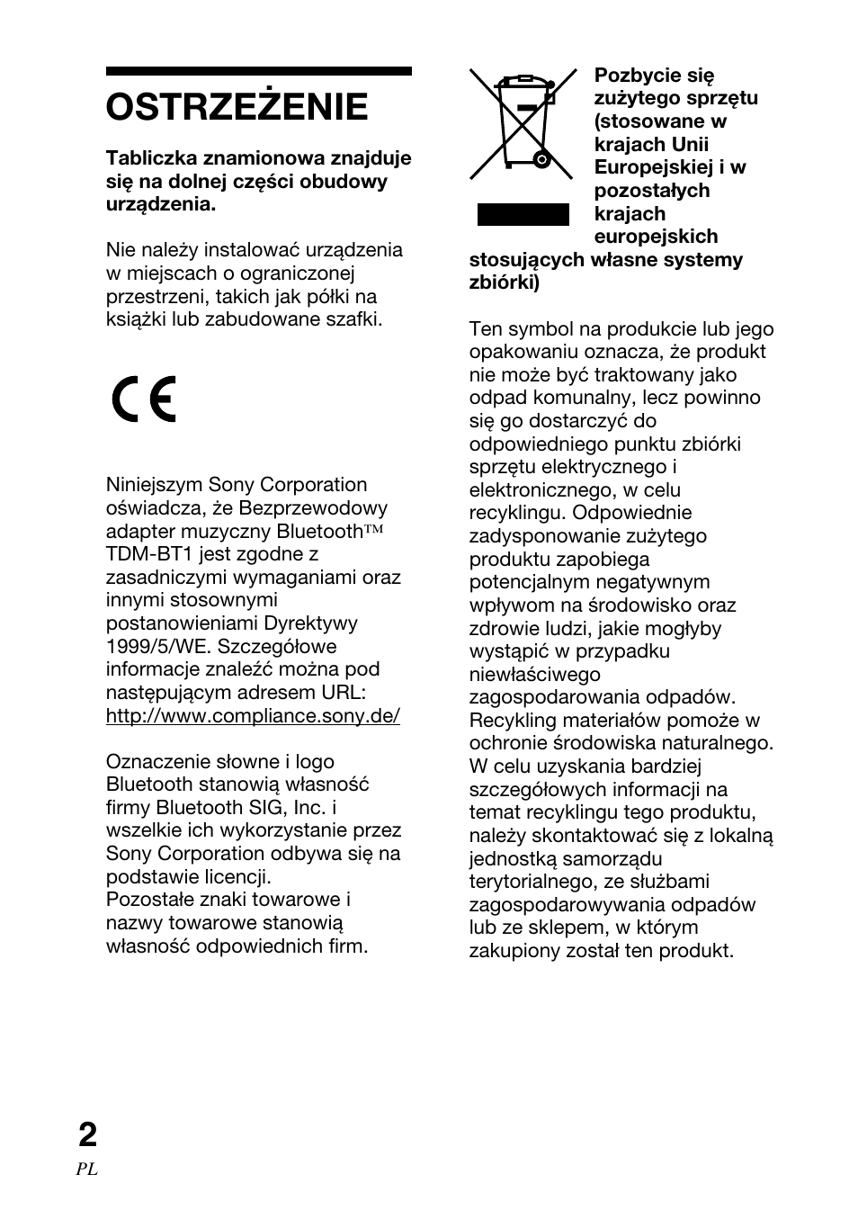 Ostrzeżenie | Sony TDM-BT1 User Manual | Page 100 / 116