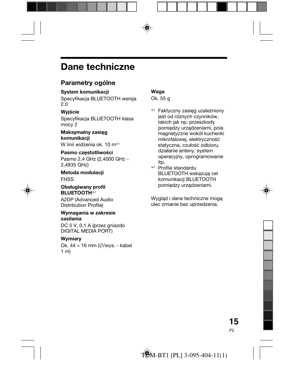 Dane techniczne, Parametry ogólne | Sony TDM-BT1 User Manual | Page 113 / 116