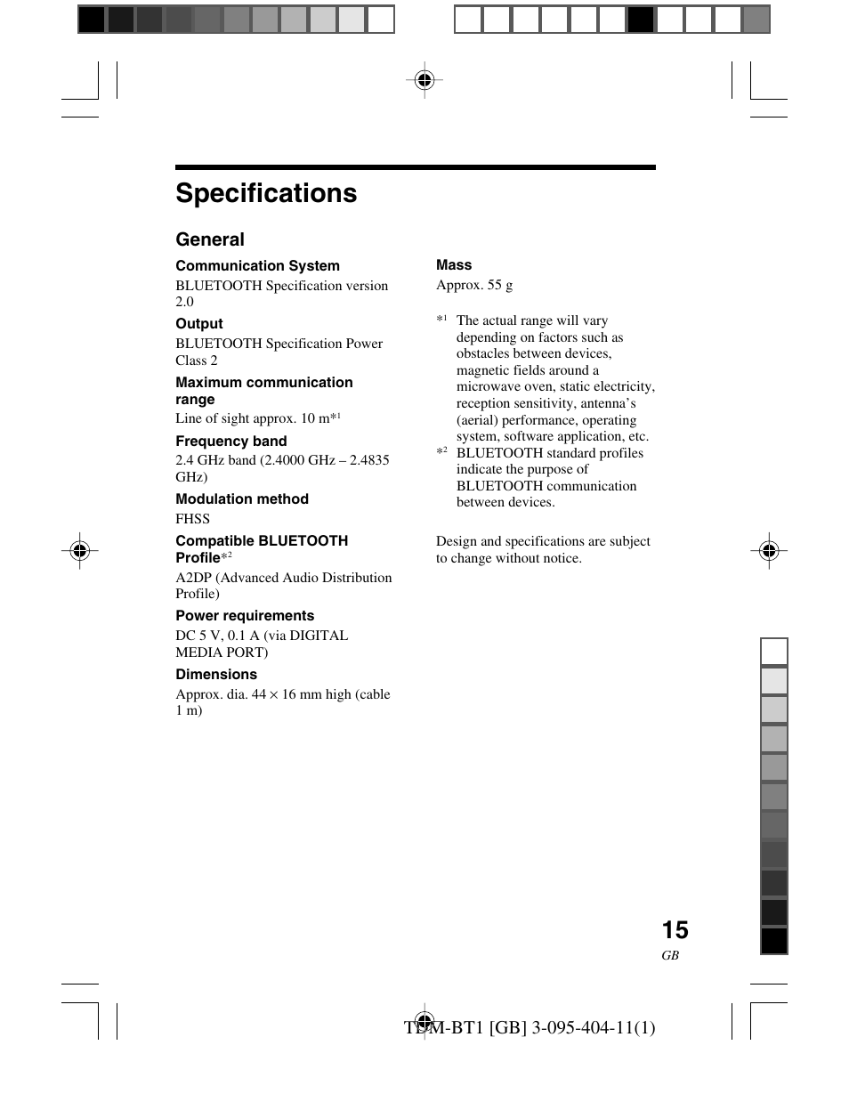 Specifications, General | Sony TDM-BT1 User Manual | Page 15 / 116