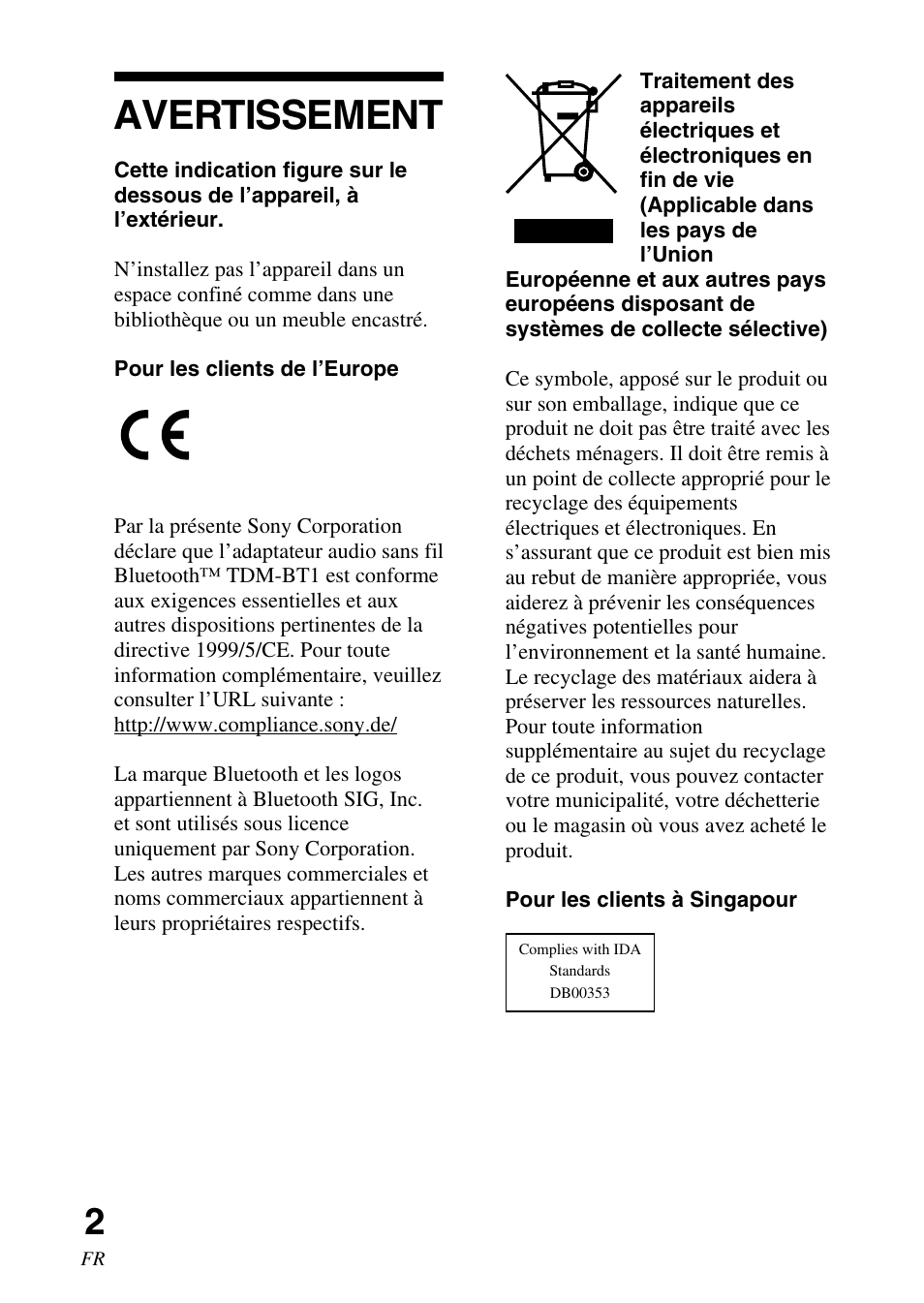 Avertissement | Sony TDM-BT1 User Manual | Page 16 / 116