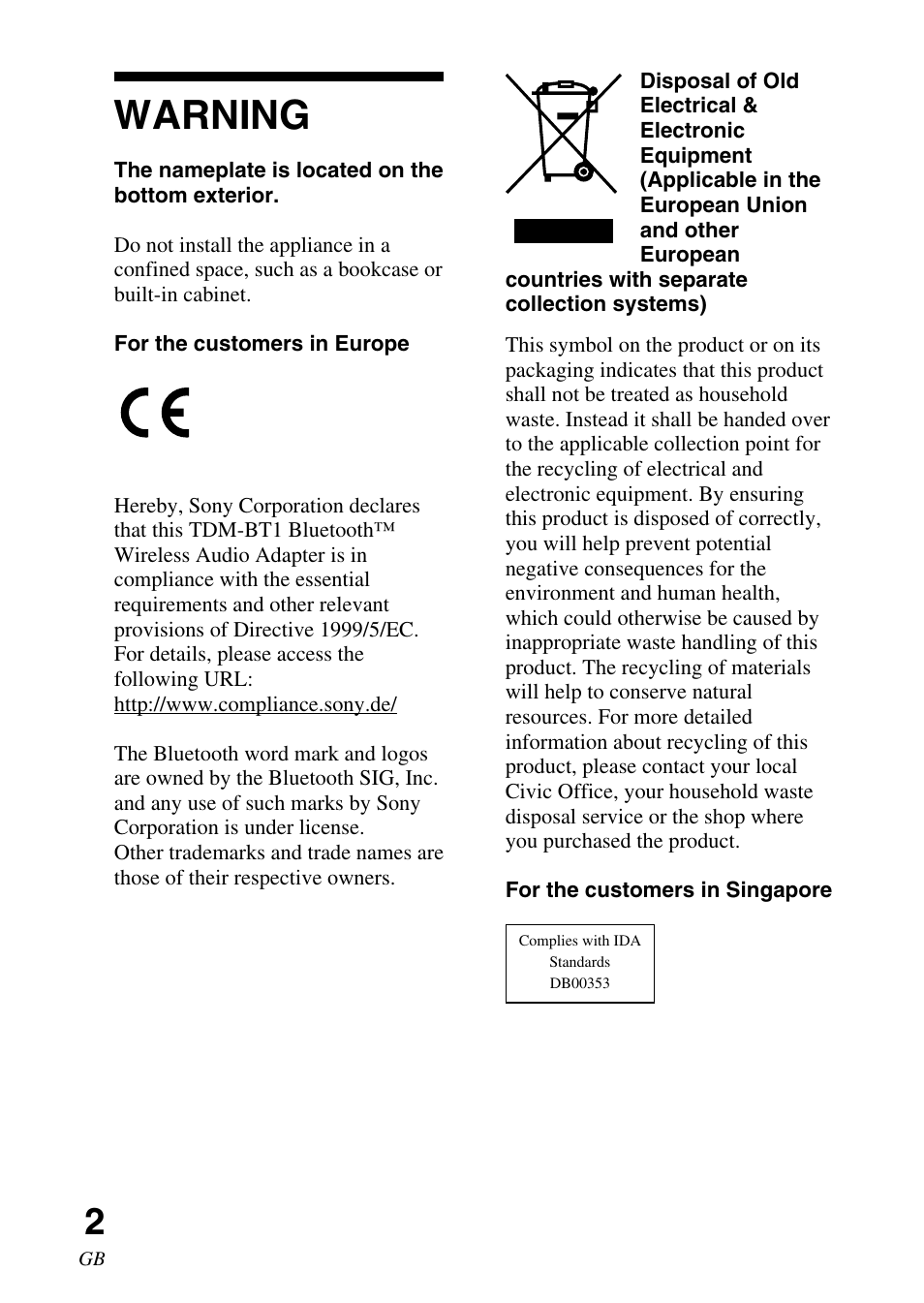 Warning | Sony TDM-BT1 User Manual | Page 2 / 116