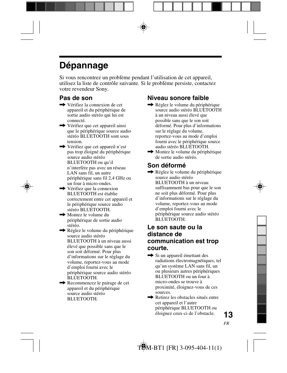 Dépannage | Sony TDM-BT1 User Manual | Page 27 / 116