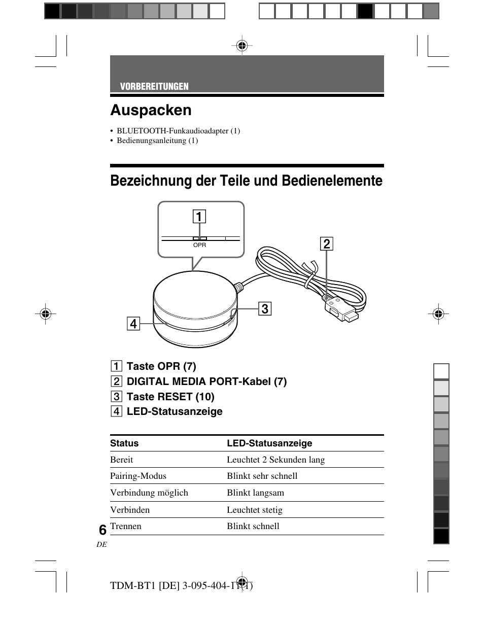 Vorbereitungen, Auspacken, Bezeichnung der teile und bedienelemente | Bezeichnung der teile und, Bedienelemente | Sony TDM-BT1 User Manual | Page 34 / 116