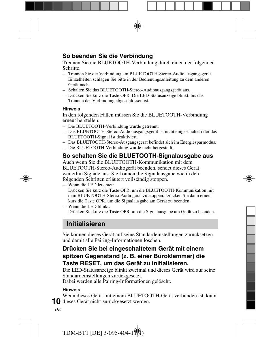 Initialisieren | Sony TDM-BT1 User Manual | Page 38 / 116