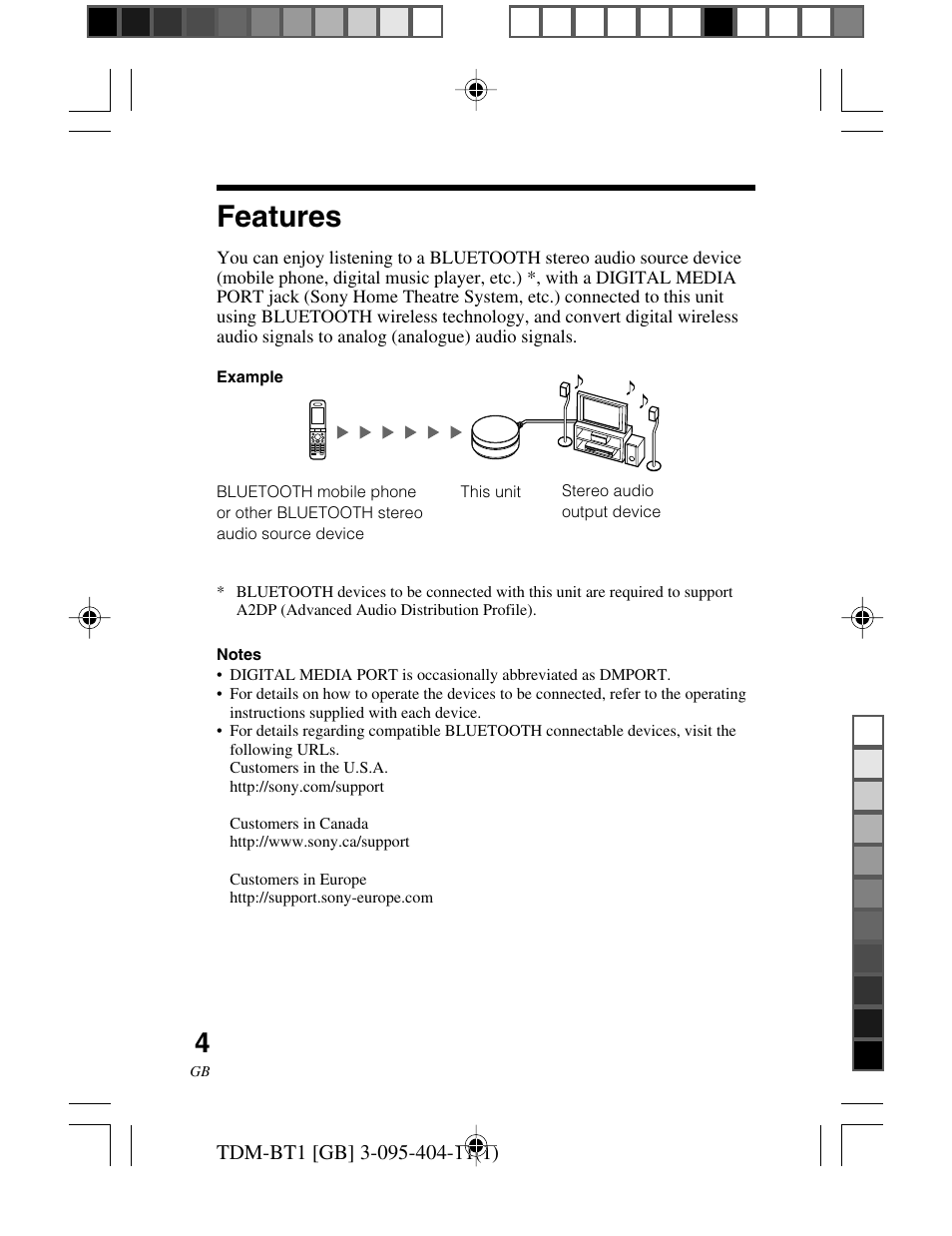 Features | Sony TDM-BT1 User Manual | Page 4 / 116