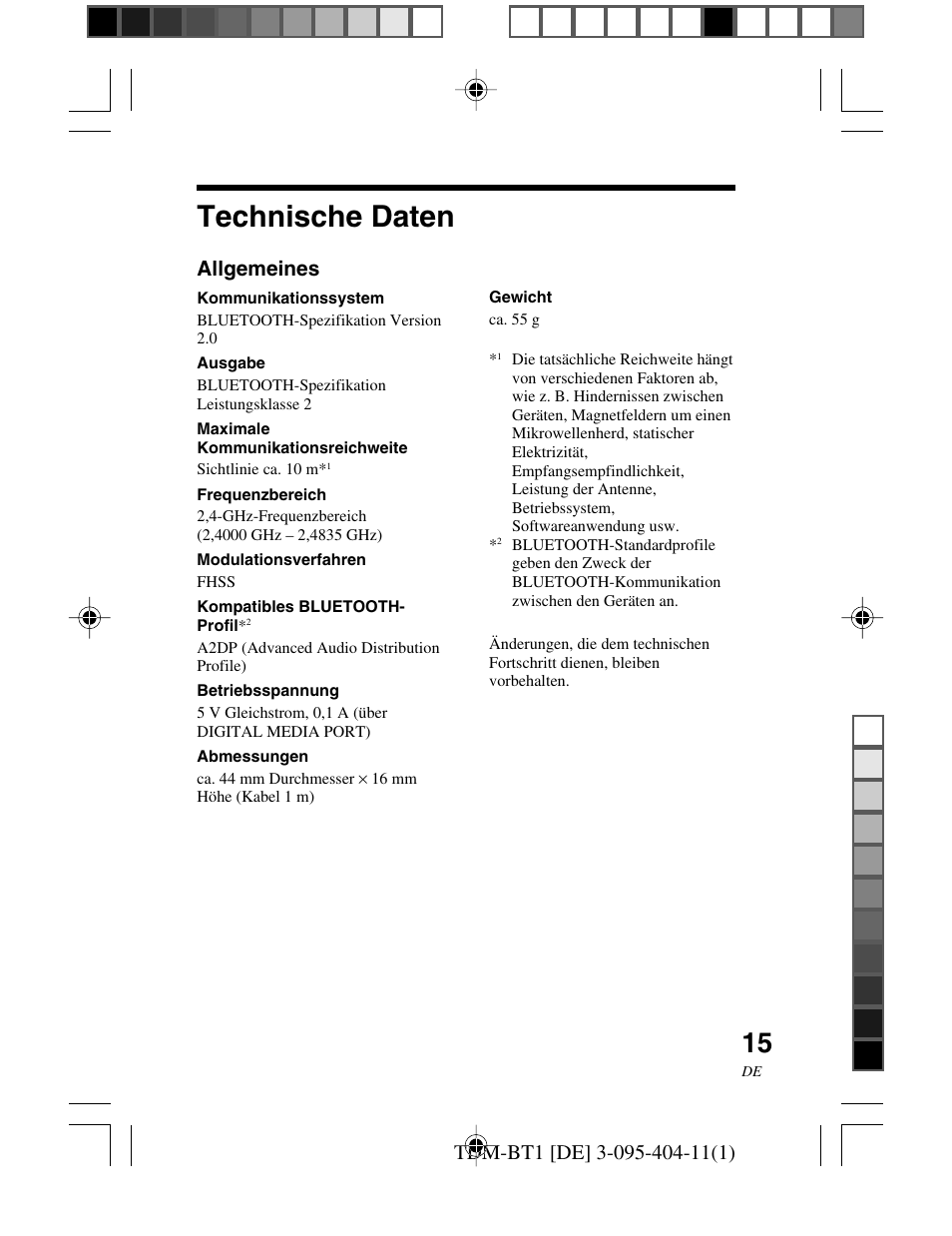 Technische daten, Allgemeines | Sony TDM-BT1 User Manual | Page 43 / 116