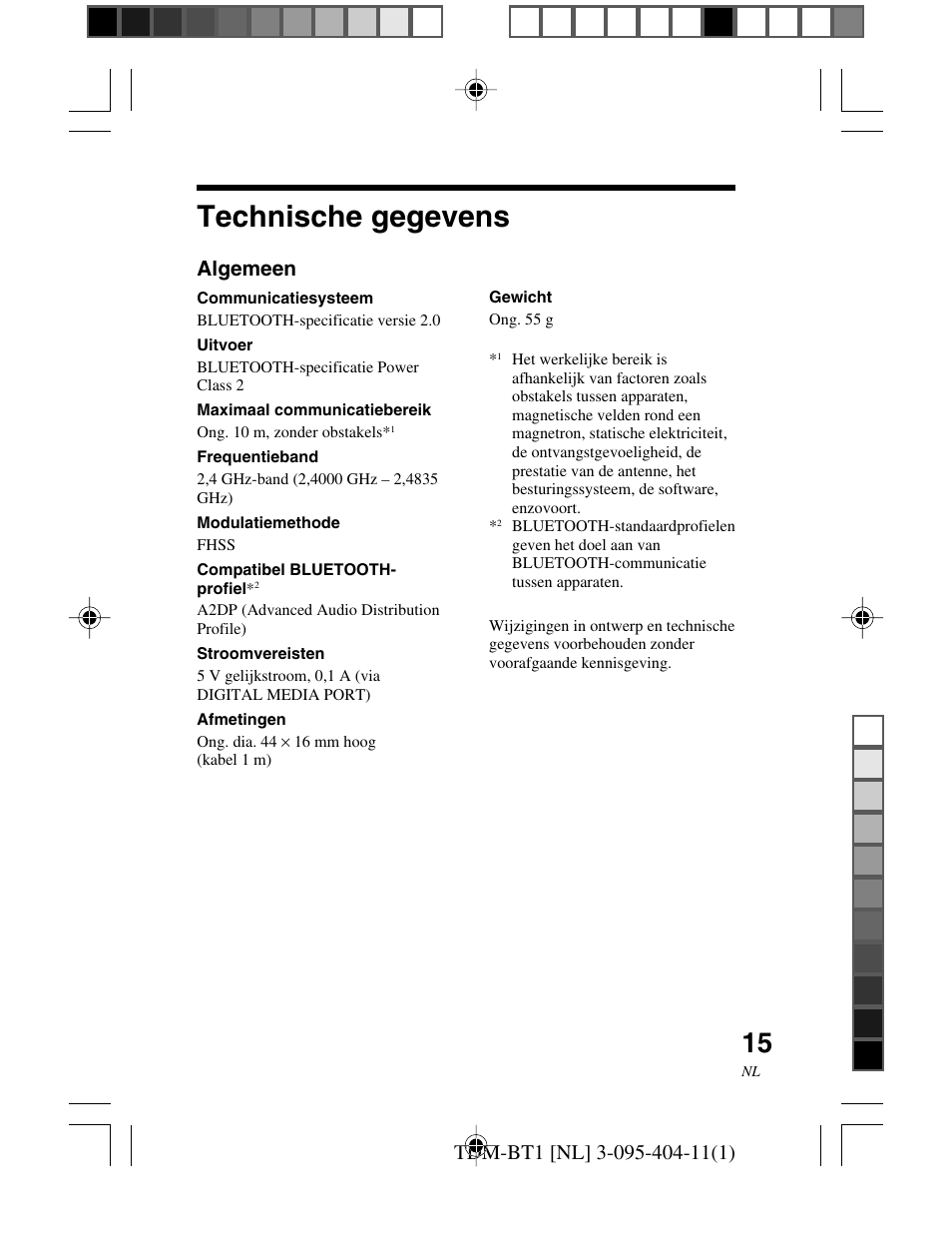 Technische gegevens, Technische, Gegevens | Algemeen | Sony TDM-BT1 User Manual | Page 57 / 116
