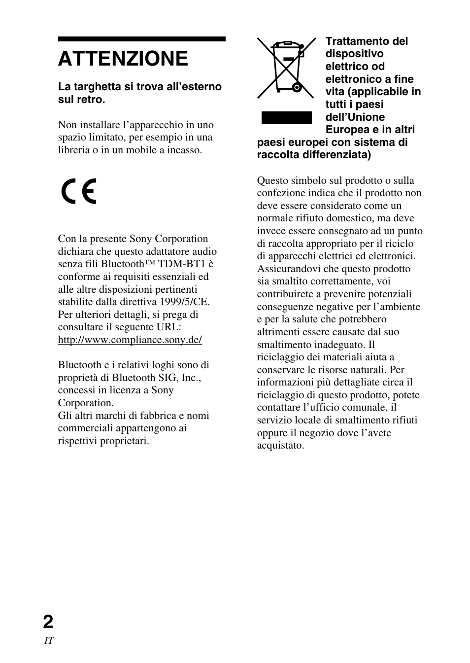 Attenzione | Sony TDM-BT1 User Manual | Page 58 / 116