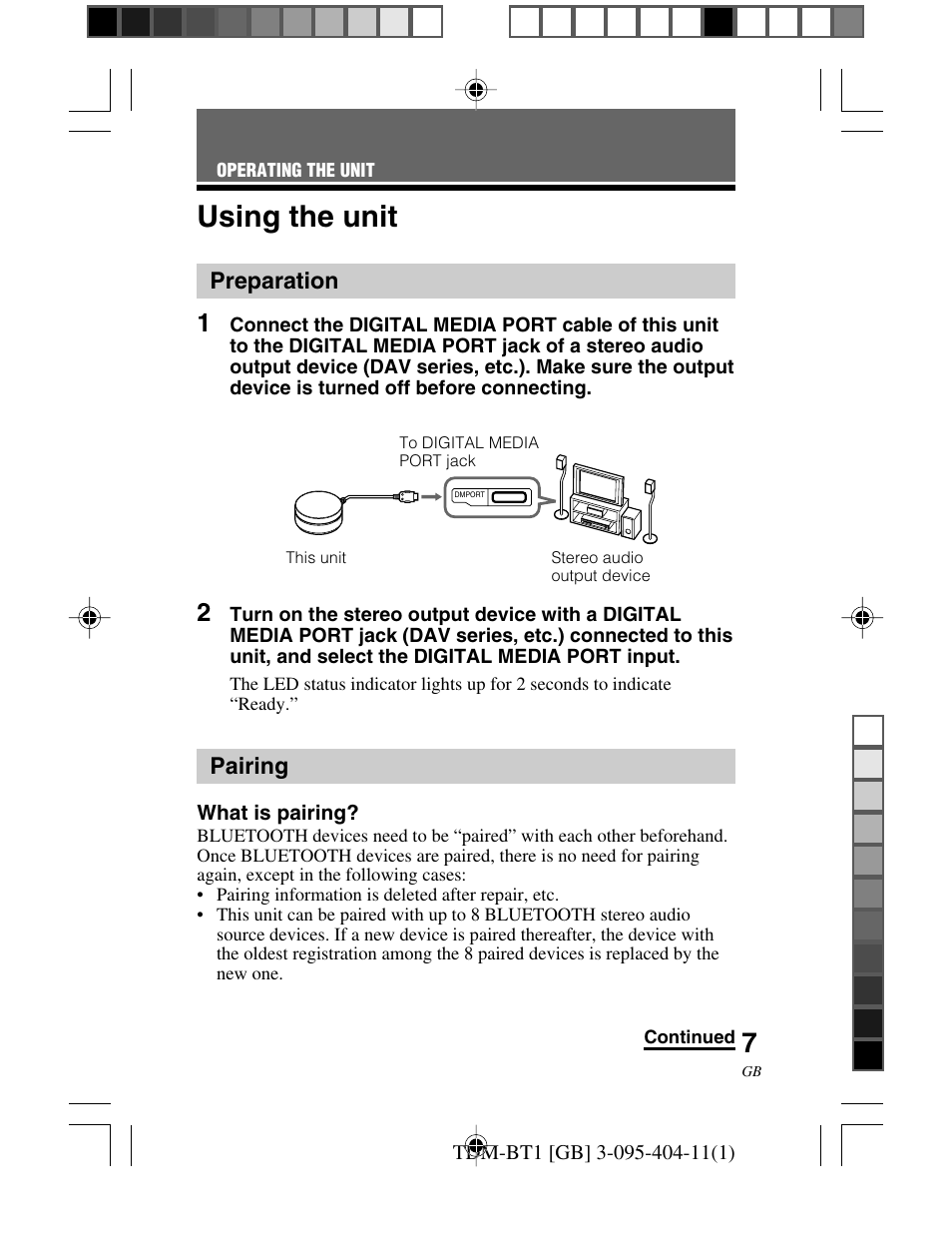 Operating the unit, Using the unit, Preparation | Pairing, Operating the, Unit, Preparation pairing | Sony TDM-BT1 User Manual | Page 7 / 116