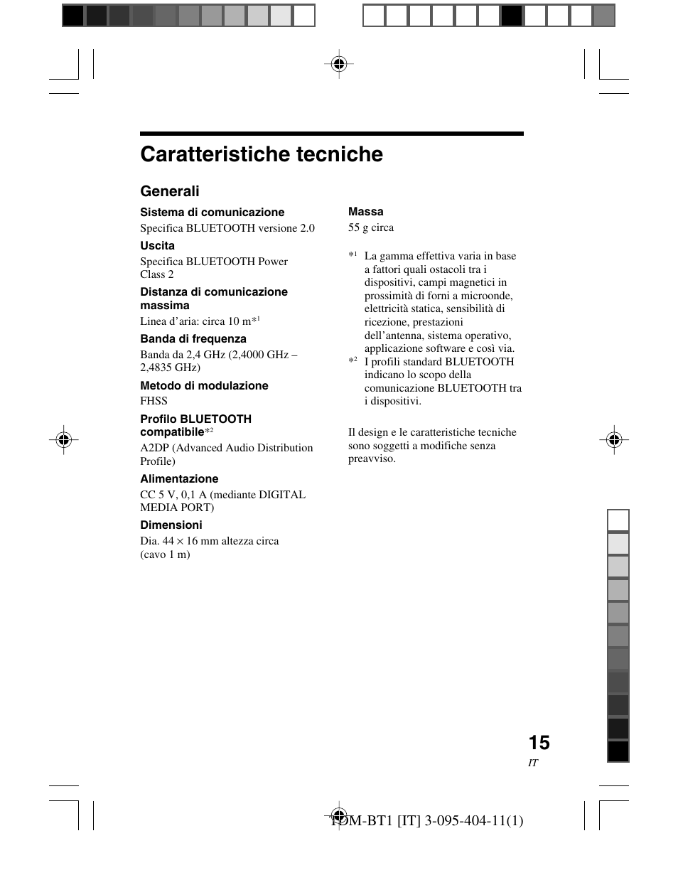 Caratteristiche tecniche, Caratteristiche, Tecniche | Generali | Sony TDM-BT1 User Manual | Page 71 / 116