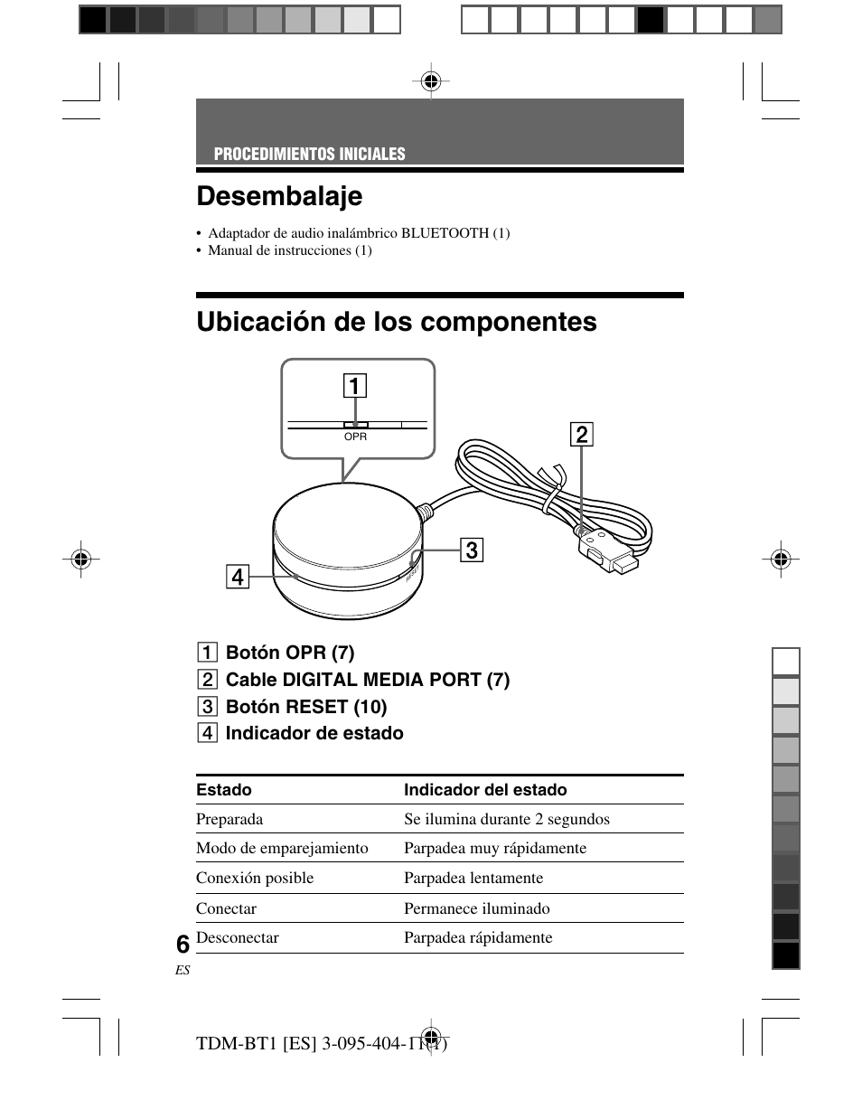 Procedimientos iniciales, Desembalaje, Ubicación de los componentes | Procedimientos, Iniciales, Ubicación de los, Componentes | Sony TDM-BT1 User Manual | Page 76 / 116