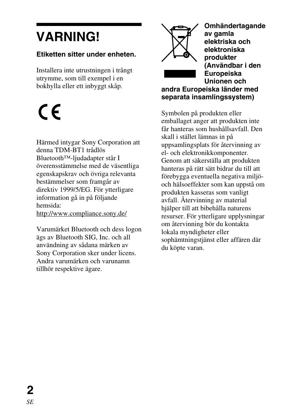 Varning | Sony TDM-BT1 User Manual | Page 86 / 116