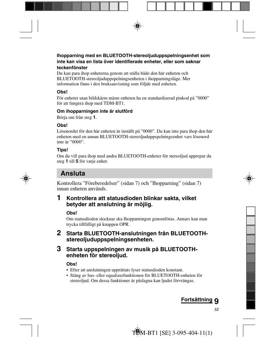Ansluta | Sony TDM-BT1 User Manual | Page 93 / 116