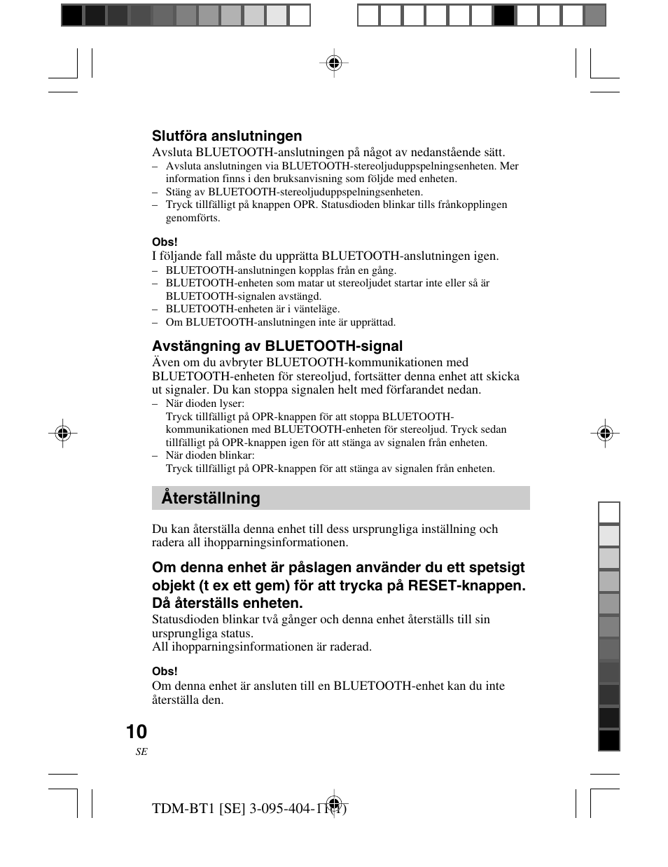 Återställning | Sony TDM-BT1 User Manual | Page 94 / 116
