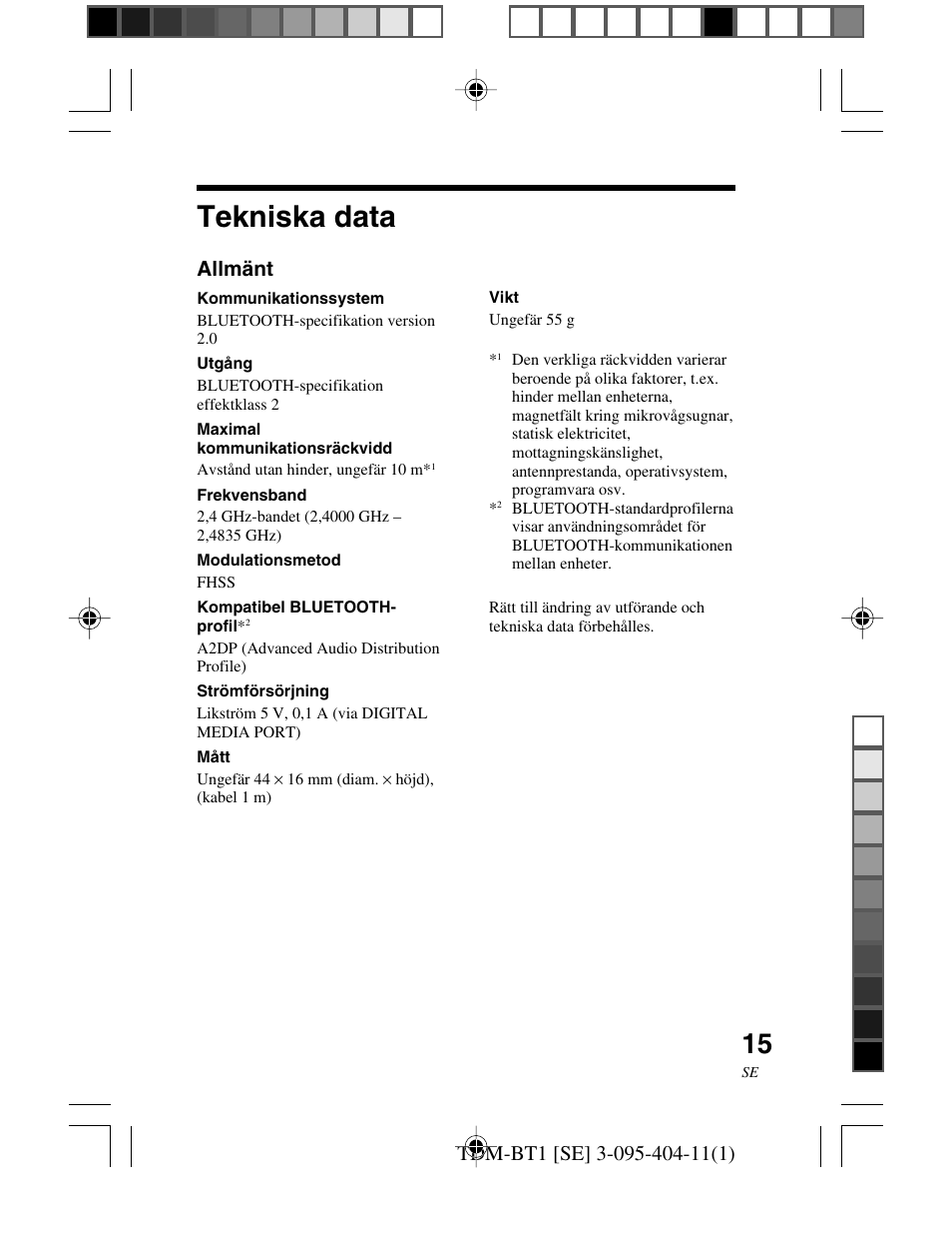 Tekniska data, Allmänt | Sony TDM-BT1 User Manual | Page 99 / 116