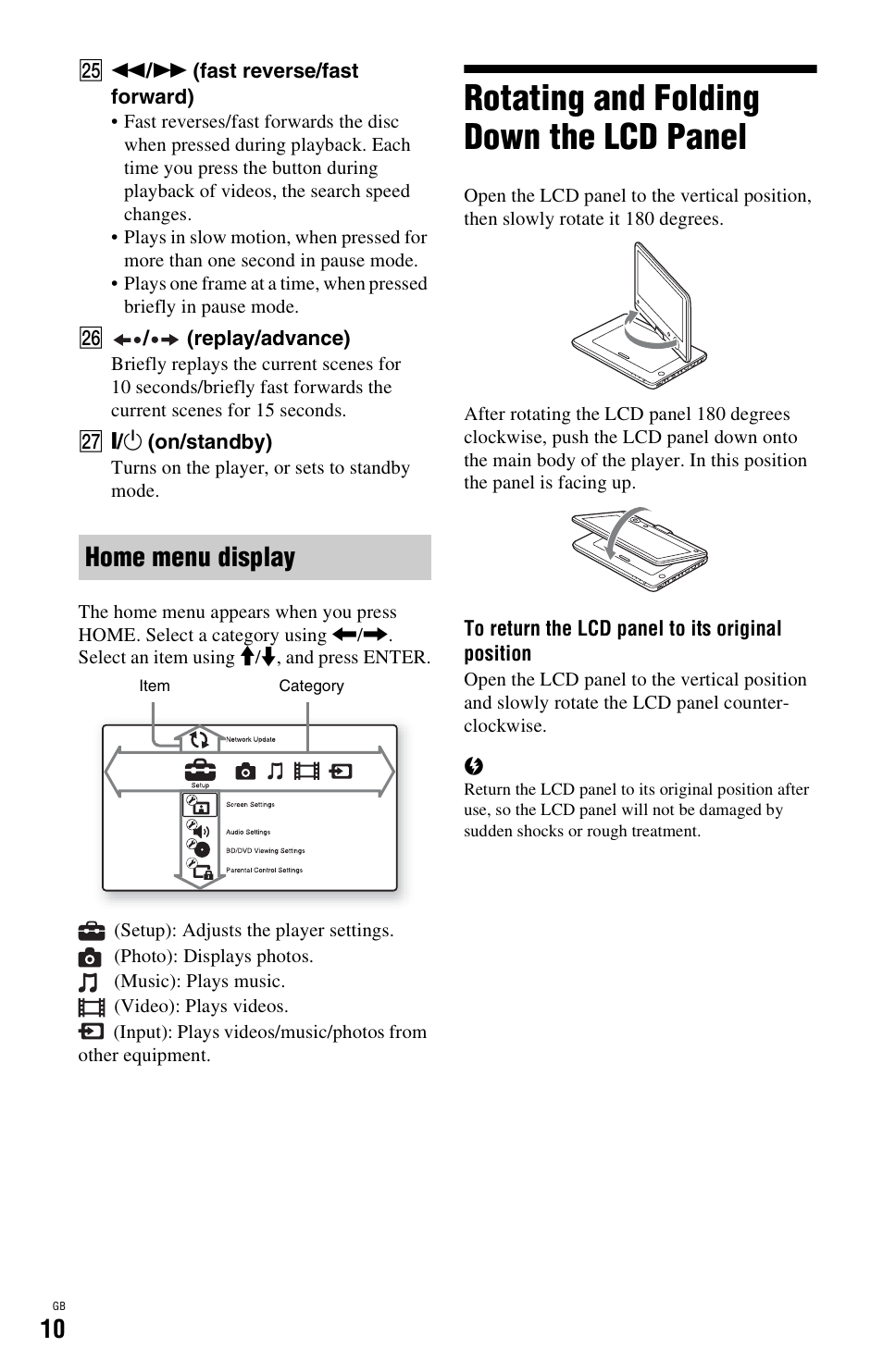 Rotating and folding down the lcd panel, Home menu display | Sony BDP-SX1 User Manual | Page 10 / 184
