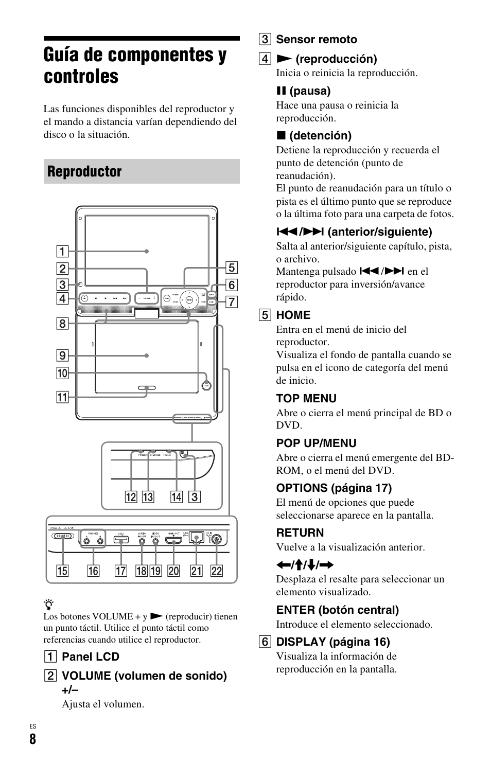 Guía de componentes y controles, Reproductor | Sony BDP-SX1 User Manual | Page 100 / 184