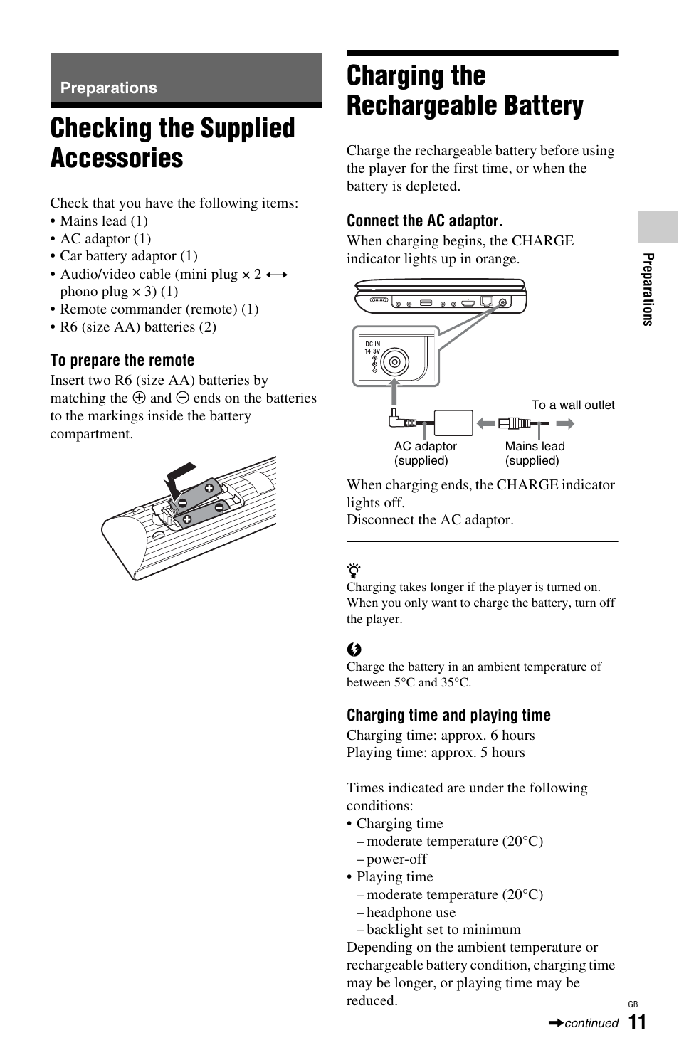 Preparations, Checking the supplied accessories, Charging the rechargeable battery | Sony BDP-SX1 User Manual | Page 11 / 184