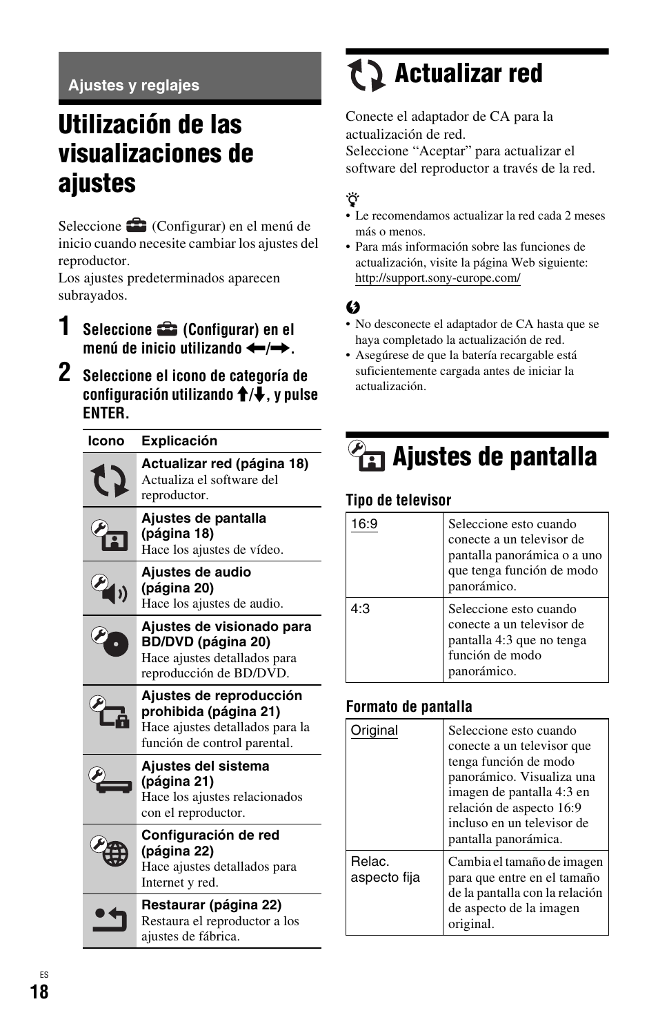 Ajustes y reglajes, Utilización de las visualizaciones de ajustes, Actualizar red | Ajustes de pantalla | Sony BDP-SX1 User Manual | Page 110 / 184