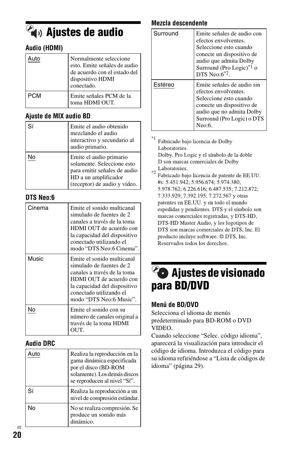 Ajustes de audio, Ajustes de visionado para bd/dvd, Ajustes de audio ajustes de visionado para bd/dvd | Sony BDP-SX1 User Manual | Page 112 / 184