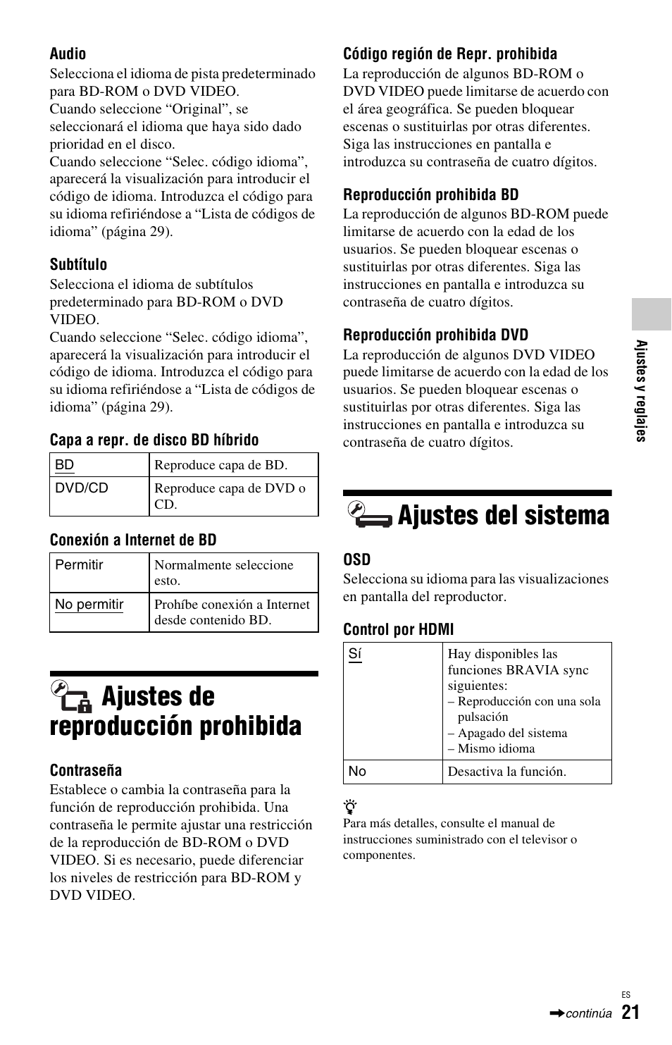 Ajustes de reproducción prohibida, Ajustes del sistema | Sony BDP-SX1 User Manual | Page 113 / 184