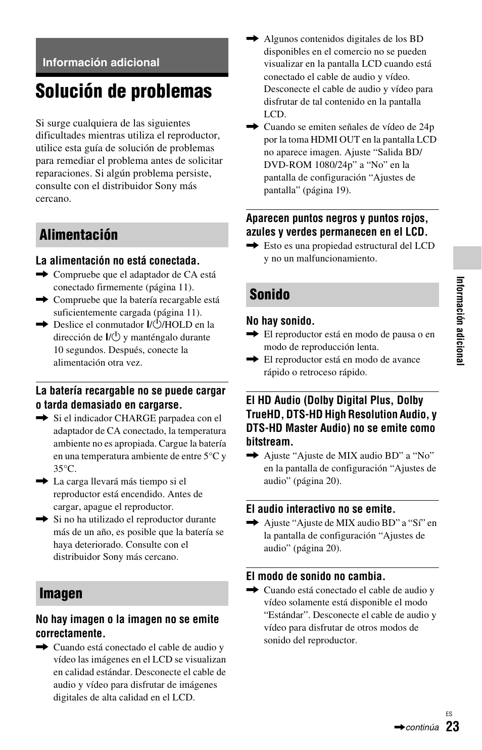 Información adicional, Solución de problemas, Alimentación imagen sonido | Sony BDP-SX1 User Manual | Page 115 / 184