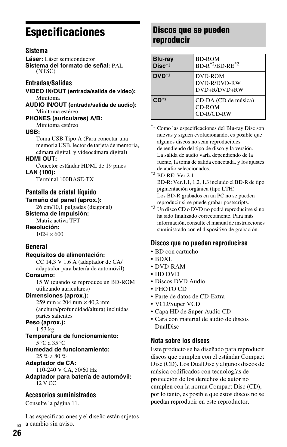 Especificaciones, Discos que se pueden reproducir | Sony BDP-SX1 User Manual | Page 118 / 184