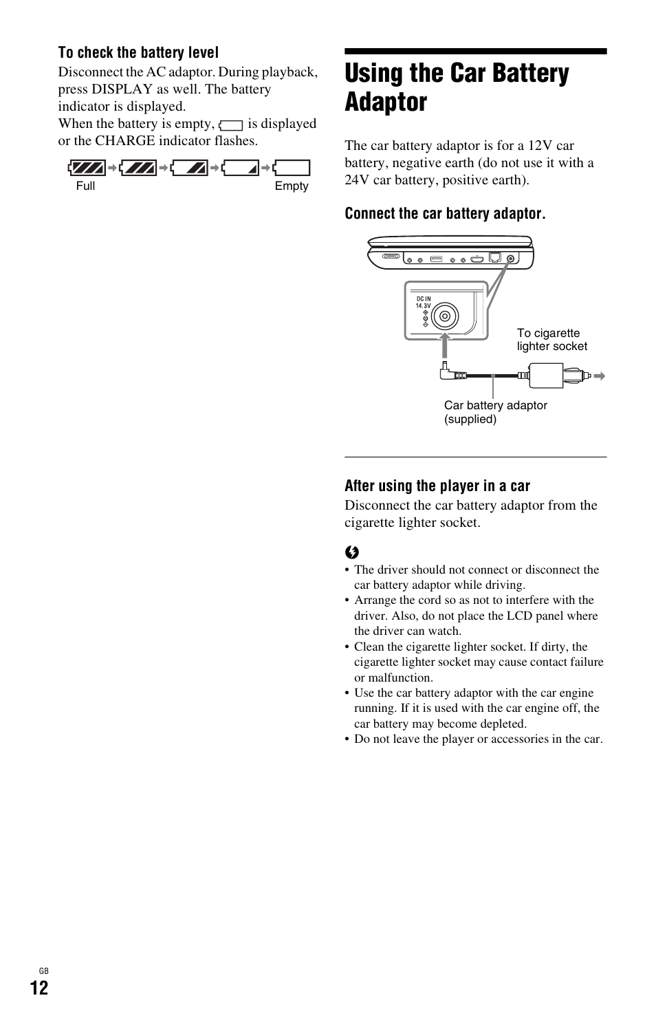 Using the car battery adaptor | Sony BDP-SX1 User Manual | Page 12 / 184