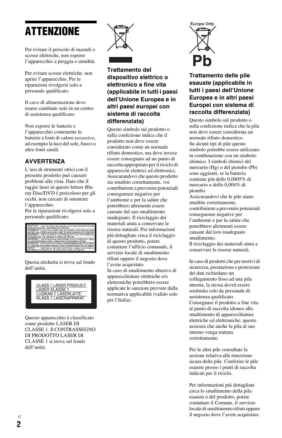 Attenzione | Sony BDP-SX1 User Manual | Page 124 / 184
