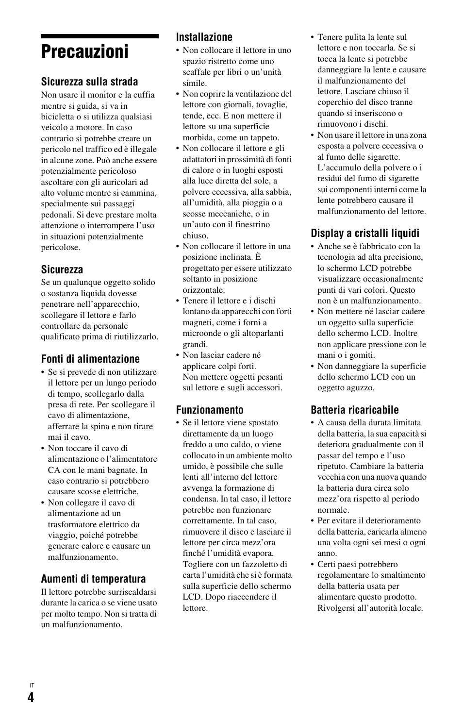 Precauzioni | Sony BDP-SX1 User Manual | Page 126 / 184